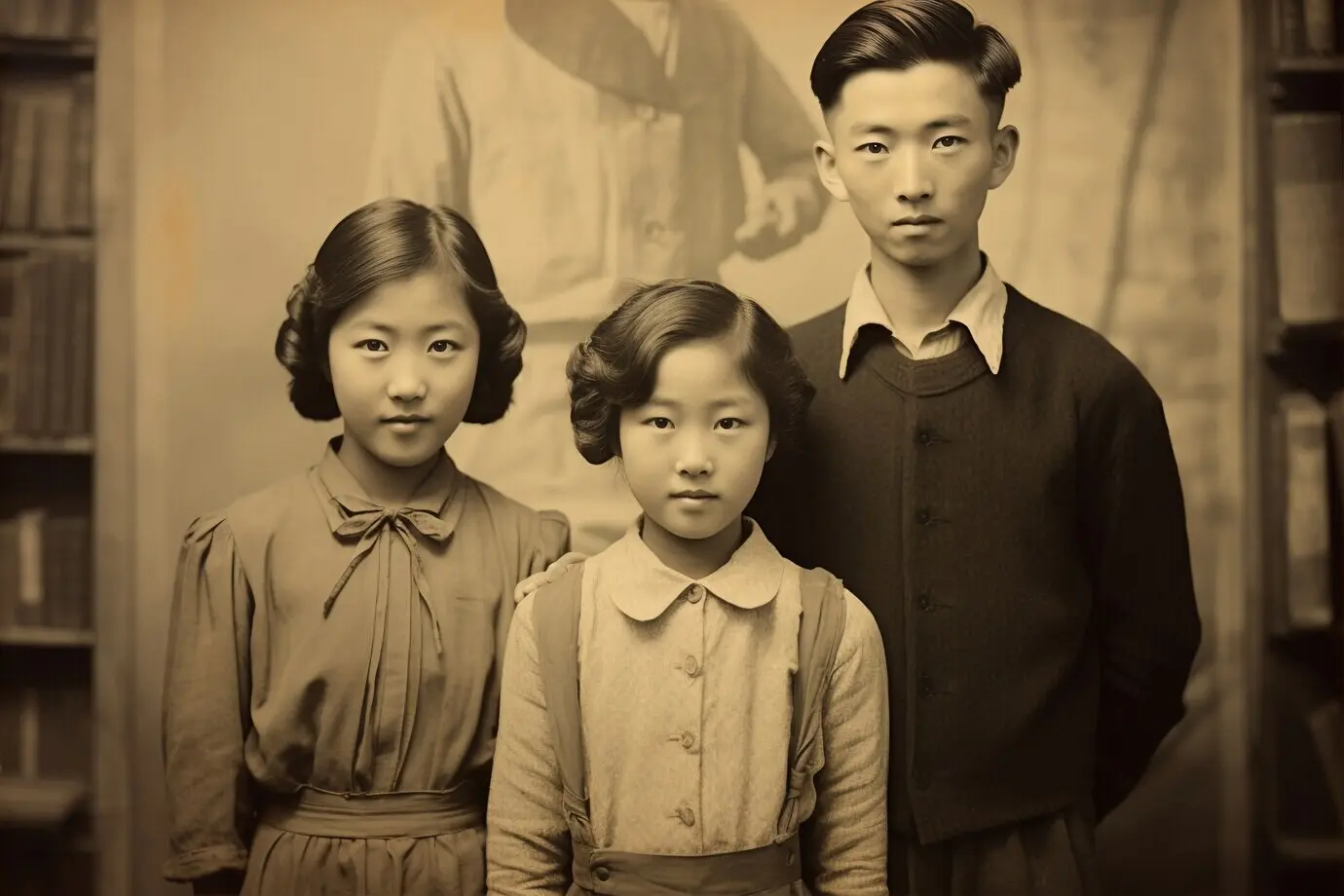 Vista frontal de niños posando en un retrato de estilo vintage.